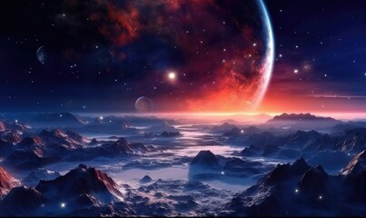 Fototapeta premium Space planets and stars in space. 3d landscape photo. Generative AI