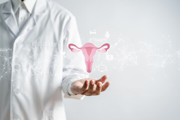 doctor in a white coat holding virtual uterus reproductive system , woman health, PCOS, ovary gynecologic and cervix cancer, Healthy feminine concept.. - obrazy, fototapety, plakaty