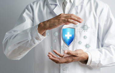Doctor in a white coat hands holding protection shield anti virus and bacteria, Health care secure...