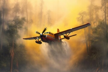 Fototapeta premium A fire plane pouring water to put out a forest on fire. Generative AI