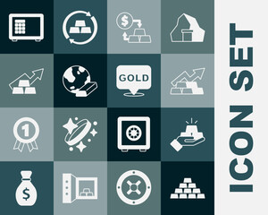 Set Gold bars, Growth arrow with gold, exchange money, Safe and icon. Vector