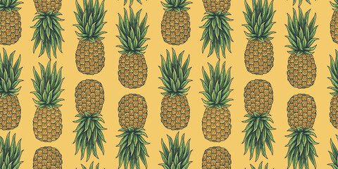 Tropical seamless pattern. Summer pineapple fresh exotic juicy fruit. Nature ananas and organic for food bar