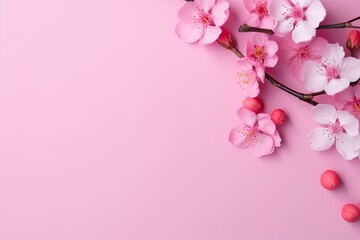 Fototapeta na wymiar Sakura cherry blossom floral arrangement pink plain color top view aesthetic composition background AI Generated