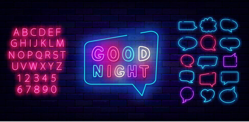 Good night neon label. Glowing invitation on brick wall. Dream wishing. Sleep concept. Vector stock illustration