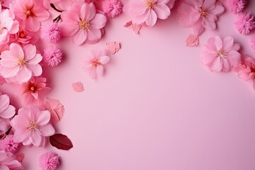 Sakura cherry blossom floral arrangement pink plain color top view aesthetic composition background AI Generated