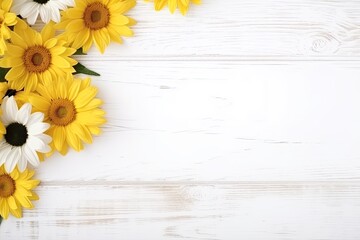 Yellow sunflower floral arrangement white wooden top view aesthetic composition background AI Generated
