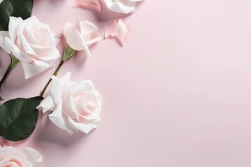 rose floral arrangement pink plain color top view aesthetic composition background AI Generated