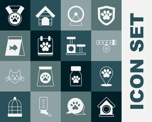 Set Dog house, Location veterinary hospital, Collar with name tag, Hamster wheel, Calendar grooming, Food for fish, Pet award symbol and Cat scratching post toy icon. Vector