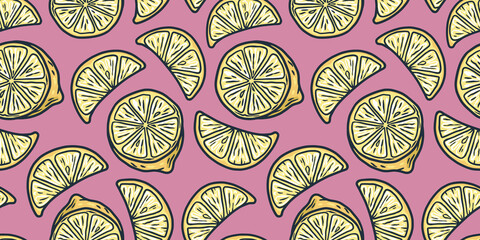 Summer exotic wallpaper with yellow lemons fruits. Seamless pattern with lemon