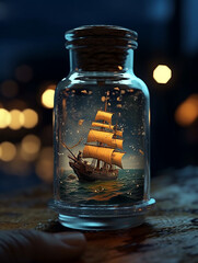 Hyper - realistic and over - detailed small pirate ship sailing on a high wave in a glass bottle,Generative AI