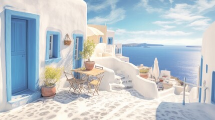 Fototapeta premium Illustration of a charming Santorini white and blue houses with blue doors and windows created with Generative AI technology