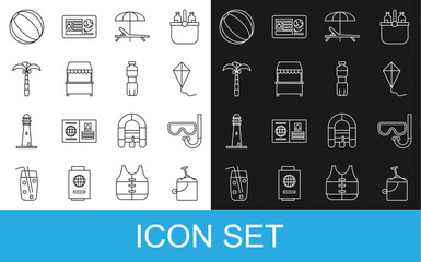 Set line Sand in bucket with shovel, Diving mask snorkel, Kite, Sunbed umbrella, Street stall awning, Tropical palm, Beach ball and Bottle of water icon. Vector