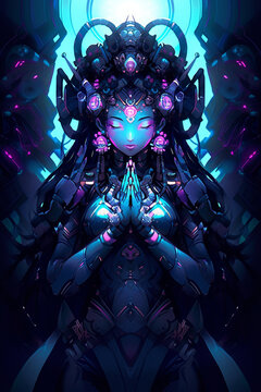 Cyberpunk Goddess Parvati praising hands neon