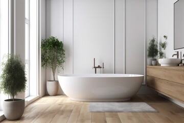 Naklejka na ściany i meble white modern luxury bathtub home architecture interior wood house bathroom room. Generative AI.