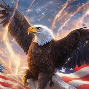 "Experience the spirit of freedom and patriotism with this striking illustration of a majestic bald eagle soaring against the vibrant backdrop of the American flag, symbolizing strength