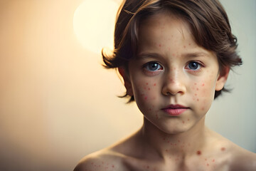 Natural vaccination. Contagious disease. Sick child with chickenpox. Varicella virus or Chickenpox bubble rash on child body and face.  Generative AI - obrazy, fototapety, plakaty