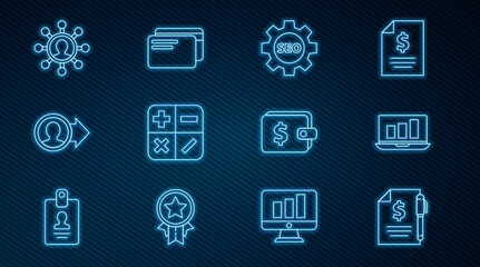 Set line Contract money and pen, Laptop with graph chart, Seo tag gear wheel, Calculator, Job promotion, Business network communication, Wallet dollar and Credit card icon. Vector