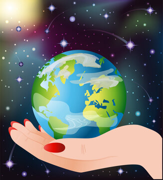 Eco background, female hand holding planet earth, vector illustration