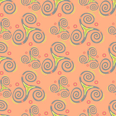 Folk triple spiral celtic triskele sacred symbol seamless pattern. Three legs