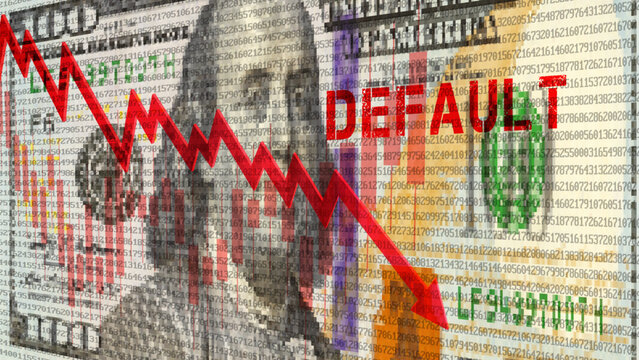 Vector 3D financial banner. Graph red down arrow on the background of the 100 US dollars pixelated mosaic banknote. Crisis in the economy, default.