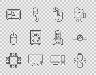 Set line Processor with microcircuits CPU, Broken battery, Wireless computer mouse, Smart Tv, Gps device map, Washer, Computer monitor and Smartwatch icon. Vector