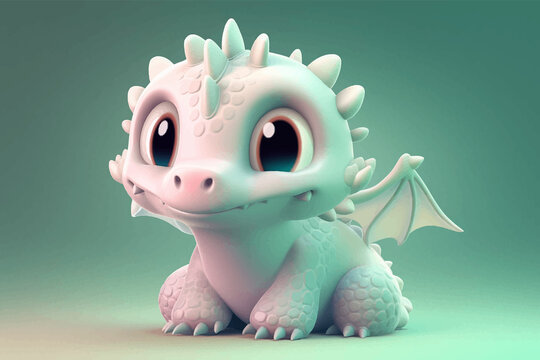 Super cute blue little baby dragon with big eyes and wings. Fantasy monster. Сartoon character. Fairy tale. On solid background. 3d digital illustration for children