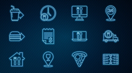 Set line Restaurant cafe menu, Fast delivery by car, Online ordering and, Paper financial check, burger, Coffee cup to go, and Round the clock icon. Vector