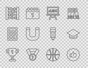 Set line Award cup, Hand thumb, Chalkboard, Medal, Abacus, Magnet, Basketball ball and Graduation cap icon. Vector
