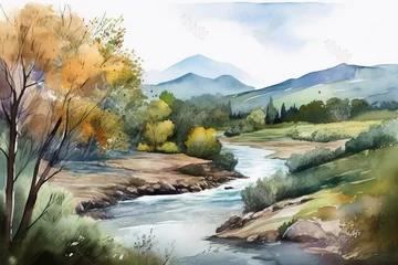 Poster watercolor painting of forest landscape with trees and river © Irfanan