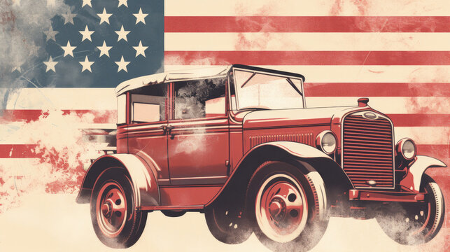 Vintage red American car with flag background created with Generative AI