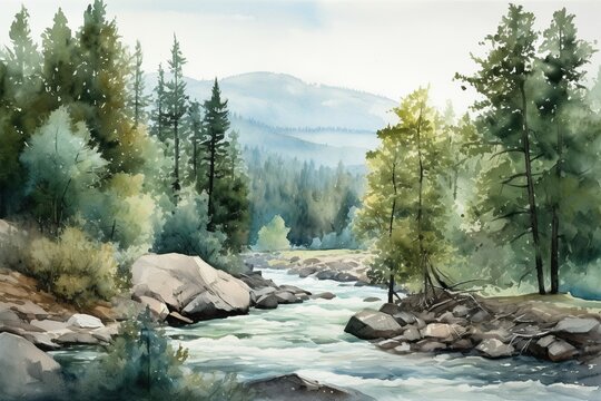 watercolor painting of forest landscape with trees and river
