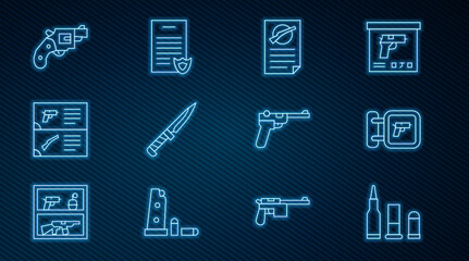 Set line Bullet, Hunting shop weapon, Firearms license certificate, Military knife, Weapon catalog, Small gun revolver, Mauser and icon. Vector