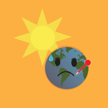 A vector of sick earth with hot thermometer and hot sun on orange background. Global warming concept.