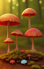 Fly Agaric in grass on a forest. Ai generated technology
