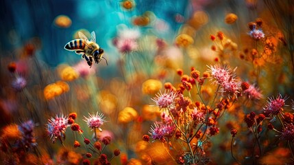 A honey bee hovers next to a colorful flower field, capturing the beauty and abundance of biodiversity in a natural landscape. Generative ai.