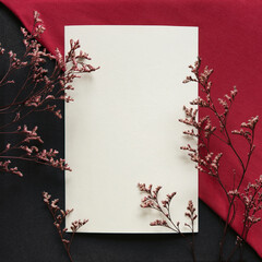 Blank greeting card, invitation and envelope mockup. Minimal floral frame made of dry flowers and branches. Flat lay, top view. Autumn postcard. Festival of autumn and harvest.
