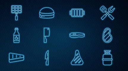 Fototapeta premium Set line Propane gas tank, Steak meat, Barbecue grill, Meat chopper, Tabasco sauce, steel grid, and Burger icon. Vector