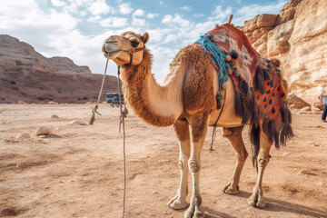 A camel with a saddle in a desert. Generative AI.