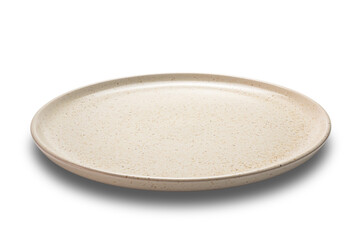 High angle view of empty brown spotted shallow ceramic plate isolated on white background with...