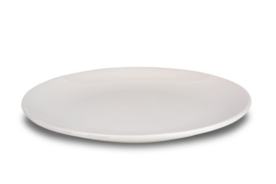 Closeup view of single empty white shallow seramic plate isolated on white background with clipping path.