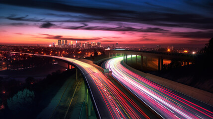 A city skyline at night with long exposure of traffic. Generative AI.