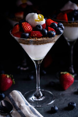 Vegan fresh fruit parfait made with aquafaba, the plant-based substitute for egg whites and dairy made by whipping chick pea pot liquor.