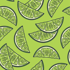 Fototapeta premium Seamless pattern wallpaper with lime, lemon and orange fruit, juicy fresh summer bar