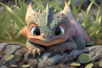 Super cute little baby dragon with big eyes and wings sitting on the grass. Fantasy monster. Cartoon character. Fairy tale. 3d digital illustration for children