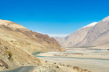 Scene in Himalaya mountain range, view from Ladakh, India