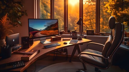 Serene Home Office Oasis: A Warm, Minimalist Workspace Overlooking a Peaceful Garden