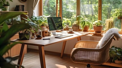 Fototapeta na wymiar Serene Home Office Oasis: A Warm, Minimalist Workspace Overlooking a Peaceful Garden