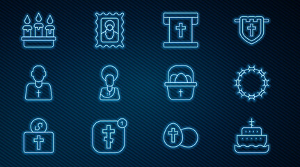 Set line Ark of noah, Crown thorns, Flag with christian cross, Jesus Christ, Priest, Burning candle in candlestick, Basket easter eggs and Christian icon icon. Vector