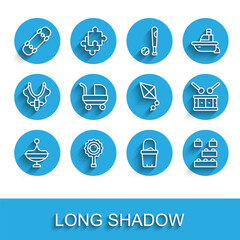 Set line Whirligig toy, Rattle baby, Skateboard, Sand in bucket, Toy building block bricks, Baby stroller, Drum with drum sticks and Kite icon. Vector