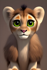 Portrait of a cute lion cub with a surprised, wary, fearful muzzle, with bright green big eyes, generative ai	